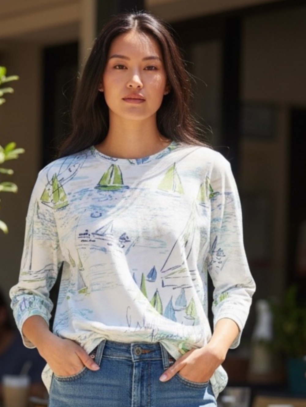 Christopher & Banks 100% Cotton Sailboat Print Top 3/4 Sleeve Nautical Size S